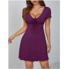 imageOYOANGLE Womens Short Sleeve Drawstring Front Ruched Short Dress V Neck A Line Tshirt DressesPurple