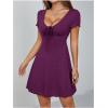 imageOYOANGLE Womens Short Sleeve Drawstring Front Ruched Short Dress V Neck A Line Tshirt DressesPurple