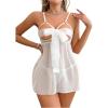 imageOYOANGLE Womens 2 Piece Lingerie Set Bow Cut Out Sheer Chemise Nightgowns and Thongs Babydoll SleepwearWhite