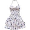 imageOYOANGLE Womens Boho Floral Print Sleeveless Halter Dress Layered Ruffle Hem Summer SundressWhite