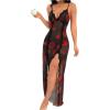imageOYOANGLE Womens Floral Print Nightgown Babydoll Lingerie Dress V Neck Slip Chemise NightwearBlack Red