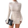imageOYOANGLE Womens High Neck Long Sleeve Ribbed Knit Bodycon Dress Ruched Plain Short DressesApricot