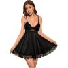 imageOYOANGLE Womens Lace Satin Nightgown Spaghetti Strap Mini Chemise Crisscross Back Cami Night DressBlack