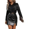 imageOYOANGLE Womens Rhinestone Fringe Trim Collared Shirt Button Down Long Sleeve BlouseBlack