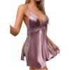 imageOYOANGLE Womens Satin Lingerie V Neck Lace Trim Split Chemise Nightgown Full Slips SleepwearDusty Pink