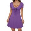imageOYOANGLE Womens Short Sleeve Drawstring Front Ruched Short Dress V Neck A Line Tshirt DressesDusty Purple