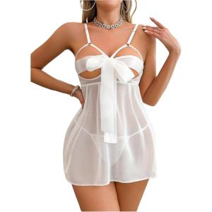 imageOYOANGLE Womens 2 Piece Lingerie Set Bow Cut Out Sheer Chemise Nightgowns and Thongs Babydoll SleepwearWhite
