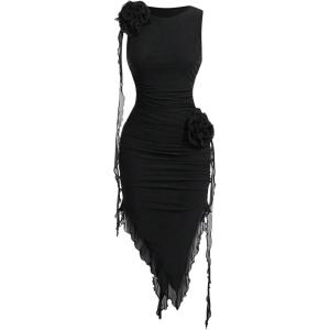 imageOYOANGLE Womens Bodycon Dress 3D Floral Ruched Round Neck Sleeveless Ruffle Hem Midi DressBlack