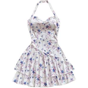 imageOYOANGLE Womens Boho Floral Print Sleeveless Halter Dress Layered Ruffle Hem Summer SundressWhite