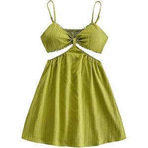 imageOYOANGLE Womens Cut Out Smocked Sundress Backless Ruffle A Line Cami Dress Flowy Mini DressGreen