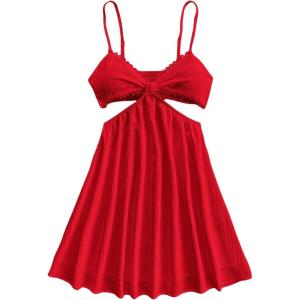 imageOYOANGLE Womens Cut Out Smocked Sundress Backless Ruffle A Line Cami Dress Flowy Mini DressRed