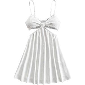 imageOYOANGLE Womens Cut Out Smocked Sundress Backless Ruffle A Line Cami Dress Flowy Mini DressWhite