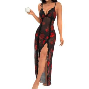 imageOYOANGLE Womens Floral Print Nightgown Babydoll Lingerie Dress V Neck Slip Chemise NightwearBlack Red