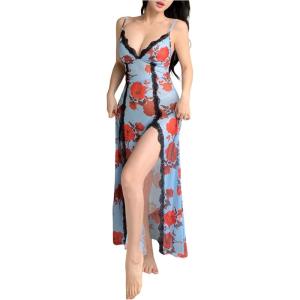 imageOYOANGLE Womens Floral Print Nightgown Babydoll Lingerie Dress V Neck Slip Chemise NightwearLight Blue