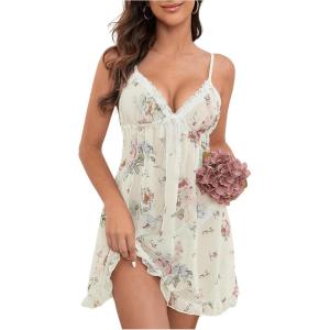 imageOYOANGLE Womens Floral Print Nightgown Lace Cami Ruffle Hem Mesh NightdressWhite