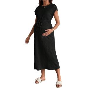 imageOYOANGLE Womens Maternity Cap Sleeve Midi Dress Textured Tie Front Pregnancy T Shirt DressesBlack