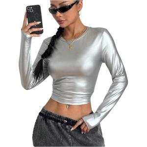 imageOYOANGLE Womens Metallic Long Sleeve T Shirt Crew Neck Fitted Tee Tops Y2K Going Out TopsSilver
