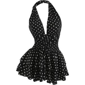 imageOYOANGLE Womens Polka Dots A Line Mini Halter Top Dress Backless Ruched Layered Ruffle DressesBlack and White