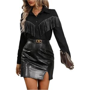 imageOYOANGLE Womens Rhinestone Fringe Trim Collared Shirt Button Down Long Sleeve BlouseBlack