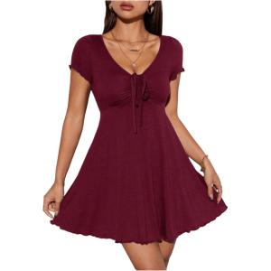imageOYOANGLE Womens Short Sleeve Drawstring Front Ruched Short Dress V Neck A Line Tshirt DressesBurgundy