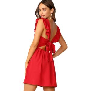 imageOYOANGLE Womens Tie Back Square Neck Ruffle Strap Sleeveless A Line Flare Flowy Lightweight Summer Short DressRed