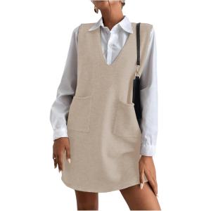 imageOYOANGLE Womens V Neck Sleeveless Knitted Solid Short Sweater Dress with PocketsBeige