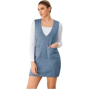imageOYOANGLE Womens V Neck Sleeveless Knitted Solid Short Sweater Dress with PocketsBlue