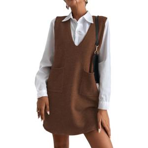 imageOYOANGLE Womens V Neck Sleeveless Knitted Solid Short Sweater Dress with PocketsChocolate Brown