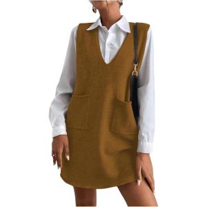imageOYOANGLE Womens V Neck Sleeveless Knitted Solid Short Sweater Dress with PocketsCoffee Brown
