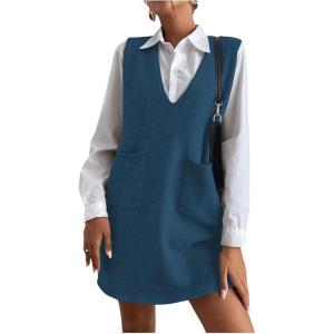 imageOYOANGLE Womens V Neck Sleeveless Knitted Solid Short Sweater Dress with PocketsDark Blue