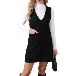 imageOYOANGLE Womens V Neck Sleeveless Knitted Solid Short Sweater Dress with PocketsDeep Black