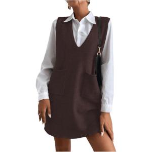 imageOYOANGLE Womens V Neck Sleeveless Knitted Solid Short Sweater Dress with PocketsDeep Brown