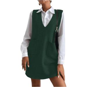 imageOYOANGLE Womens V Neck Sleeveless Knitted Solid Short Sweater Dress with PocketsDeep Green