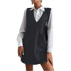 imageOYOANGLE Womens V Neck Sleeveless Knitted Solid Short Sweater Dress with PocketsDeep Grey