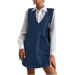 imageOYOANGLE Womens V Neck Sleeveless Knitted Solid Short Sweater Dress with PocketsDenim Blue