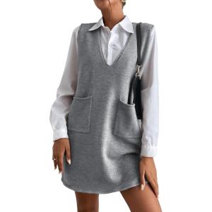 imageOYOANGLE Womens V Neck Sleeveless Knitted Solid Short Sweater Dress with PocketsGrey Solid