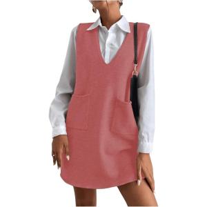imageOYOANGLE Womens V Neck Sleeveless Knitted Solid Short Sweater Dress with PocketsLight Orange