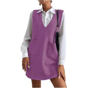 imageOYOANGLE Womens V Neck Sleeveless Knitted Solid Short Sweater Dress with PocketsLight Purple
