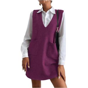 imageOYOANGLE Womens V Neck Sleeveless Knitted Solid Short Sweater Dress with PocketsRed Violet