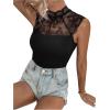 imageOYOANGLE Womens Casual Cap Short Sleeve Floral Mesh Lace Blouse Mock Neck TopsBlack