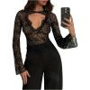 imageOYOANGLE Womens Floral Lace Cut Out Front T Shirt Sheer Long Sleeve Tee TopsBlack