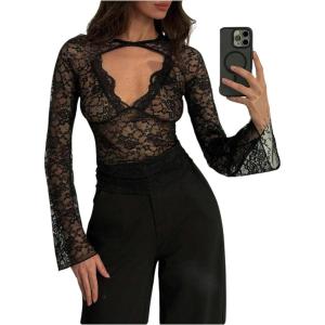 imageOYOANGLE Womens Floral Lace Cut Out Front T Shirt Sheer Long Sleeve Tee TopsBlack
