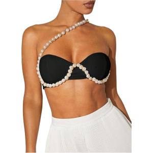 imageOYOANGLE Womens Pearl Beaded One Shoulder Cut Out Micro Crop Top Party Clubwear Sleeveless TopsBlack
