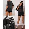 imageOYOANGLE Womens Sparkle Glitter Sheer See Through Top Short Sleeve Loose Casual Shiny Tshirt Mesh Shirt BlouseBlack