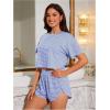 imageOYOANGLE Womens Two Piece Pajama Set Striped Print Crew Neck Short Sleeve Tee and Side Split Shorts SetDeep Blue