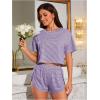 imageOYOANGLE Womens Two Piece Pajama Set Striped Print Crew Neck Short Sleeve Tee and Side Split Shorts SetPurple