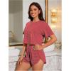 imageOYOANGLE Womens Two Piece Pajama Set Striped Print Crew Neck Short Sleeve Tee and Side Split Shorts SetRed