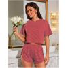 imageOYOANGLE Womens Two Piece Pajama Set Striped Print Crew Neck Short Sleeve Tee and Side Split Shorts SetRed