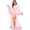 imageOYOANGLE Womens Ruffle Trim Long Sleeve Belted Sheer Mesh Wedding Bride Robe NightgownLight Pink