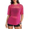 imageOYOANGLE Womens Sparkle Glitter Sheer See Through Top Short Sleeve Loose Casual Shiny Tshirt Mesh Shirt BlouseHot Pink